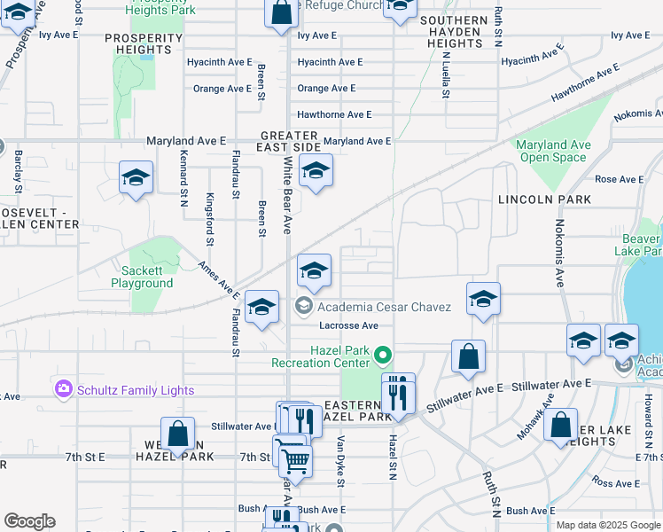 map of restaurants, bars, coffee shops, grocery stores, and more near 1840 East Mechanic Avenue in Saint Paul