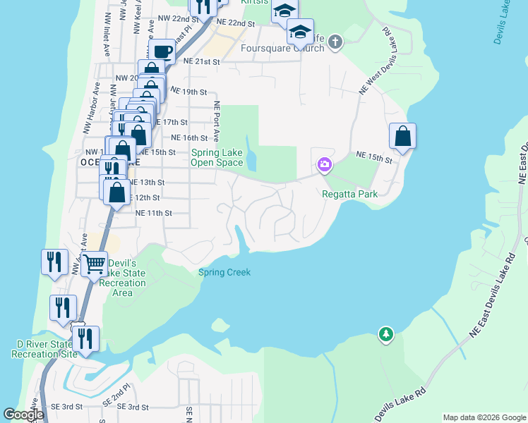 map of restaurants, bars, coffee shops, grocery stores, and more near Northeast East Lagoon Drive in Lincoln City