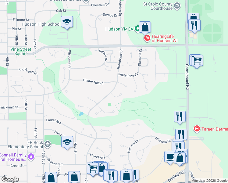 map of restaurants, bars, coffee shops, grocery stores, and more near 1909 Stonepine Avenue in Hudson