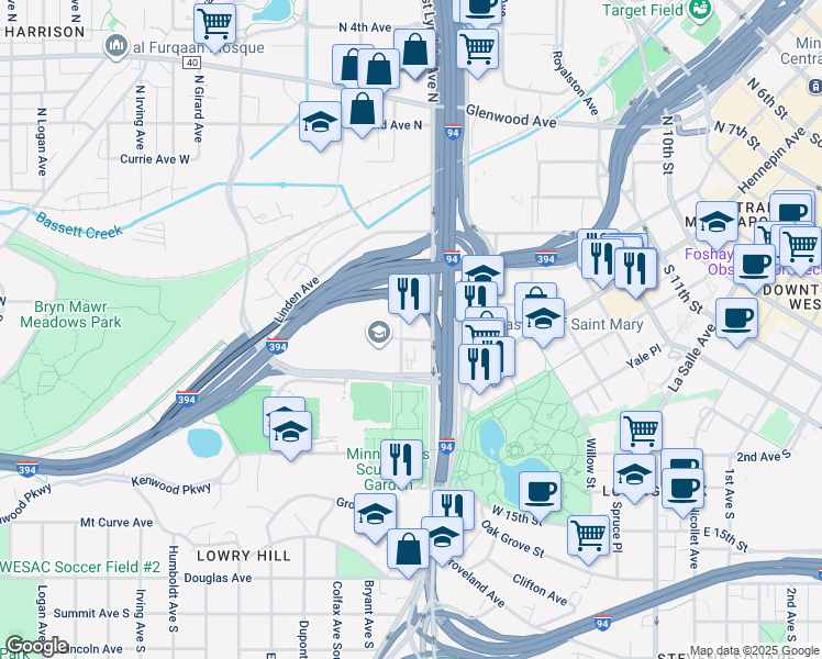 map of restaurants, bars, coffee shops, grocery stores, and more near 49 N Aldrich Ave in Minneapolis