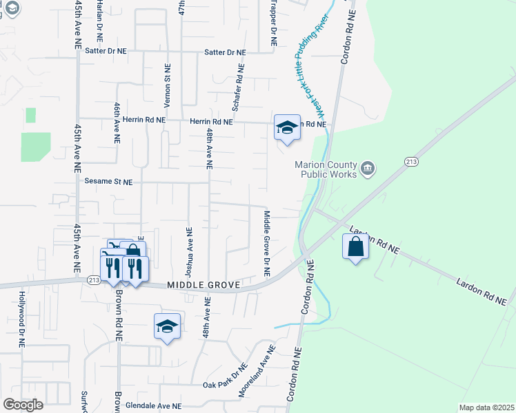 map of restaurants, bars, coffee shops, grocery stores, and more near 3798 Silverstone Drive Northeast in Salem