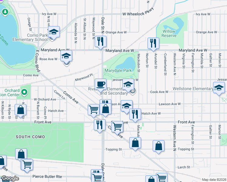 map of restaurants, bars, coffee shops, grocery stores, and more near 1054 Loeb Street in Saint Paul