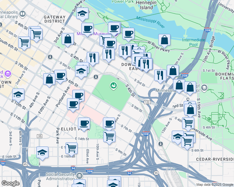 map of restaurants, bars, coffee shops, grocery stores, and more near 900 South 5th Street in Minneapolis