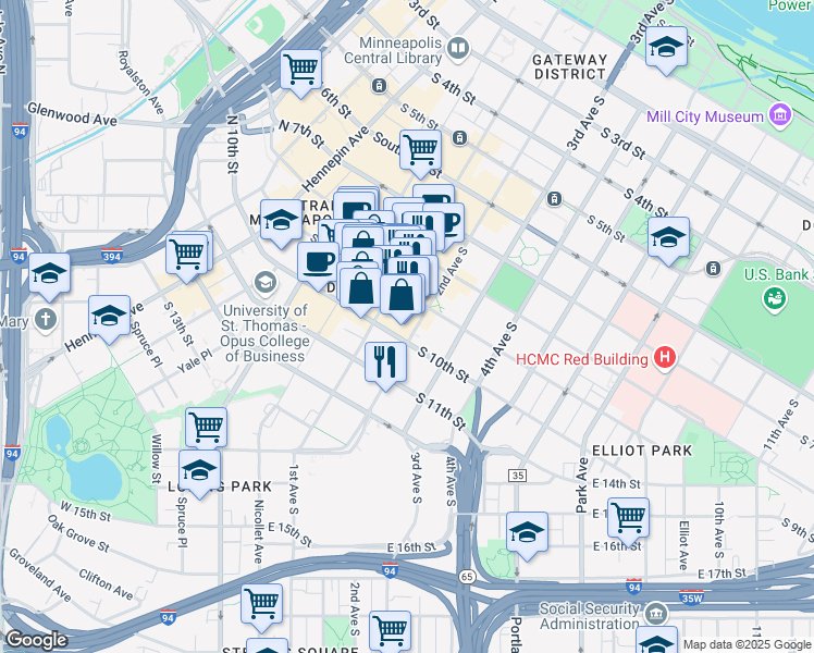 map of restaurants, bars, coffee shops, grocery stores, and more near 200 South 10th Street in Minneapolis