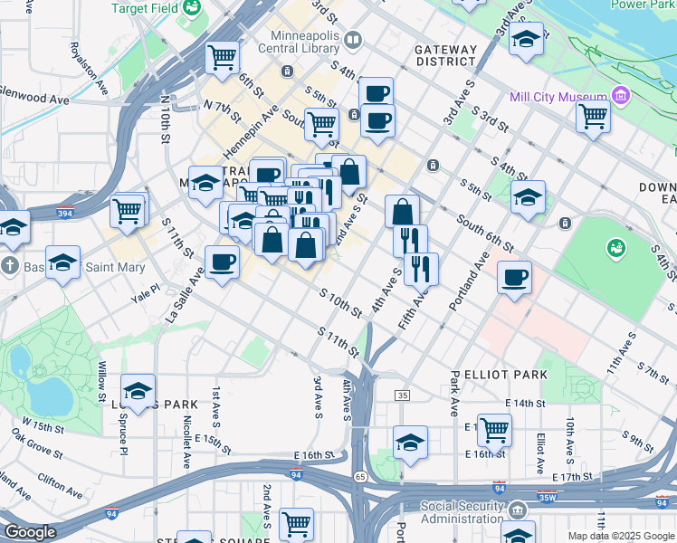 map of restaurants, bars, coffee shops, grocery stores, and more near 215 South 9th Street in Minneapolis