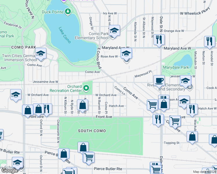 map of restaurants, bars, coffee shops, grocery stores, and more near 1055 Avon Street North in Saint Paul