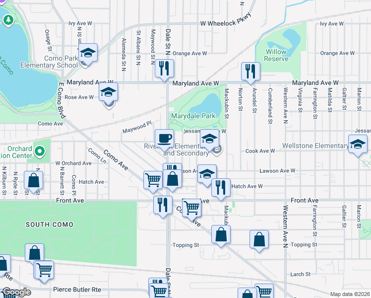 map of restaurants, bars, coffee shops, grocery stores, and more near 1054 Loeb Street in Saint Paul