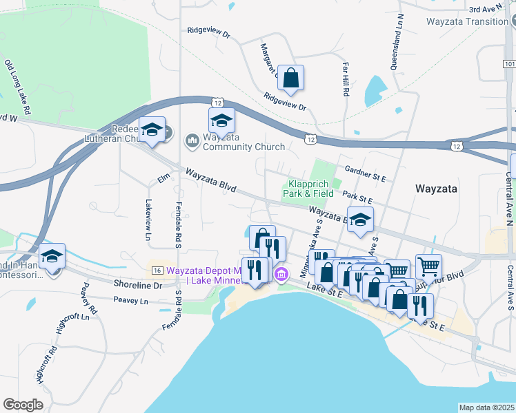 map of restaurants, bars, coffee shops, grocery stores, and more near 297 Grace Pointe Court in Wayzata
