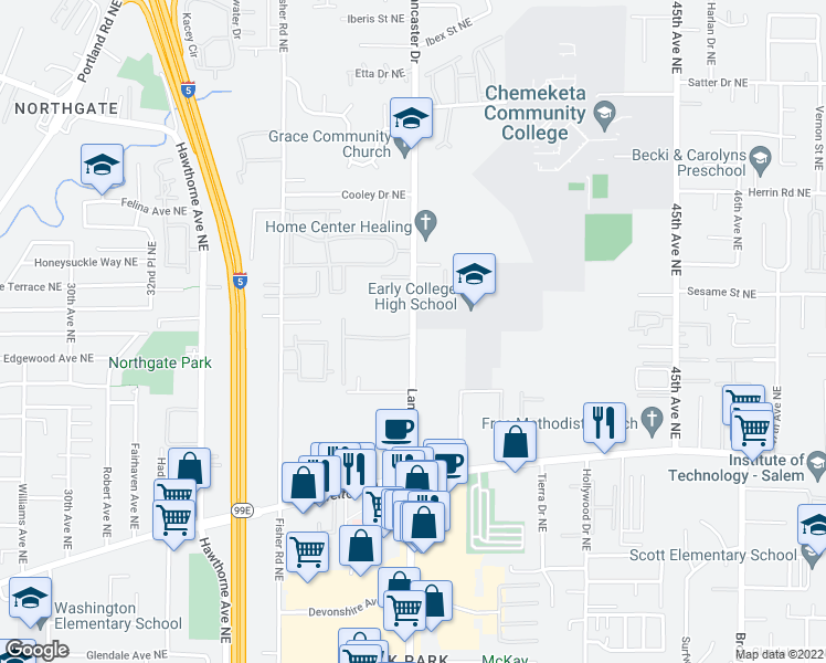 map of restaurants, bars, coffee shops, grocery stores, and more near 3942 Lancaster Drive Northeast in Salem
