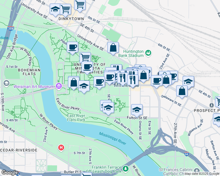 map of restaurants, bars, coffee shops, grocery stores, and more near 311 Southeast Harvard Street in Minneapolis