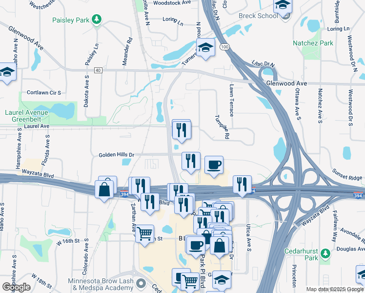 map of restaurants, bars, coffee shops, grocery stores, and more near 701 Xenia Avenue South in Minneapolis