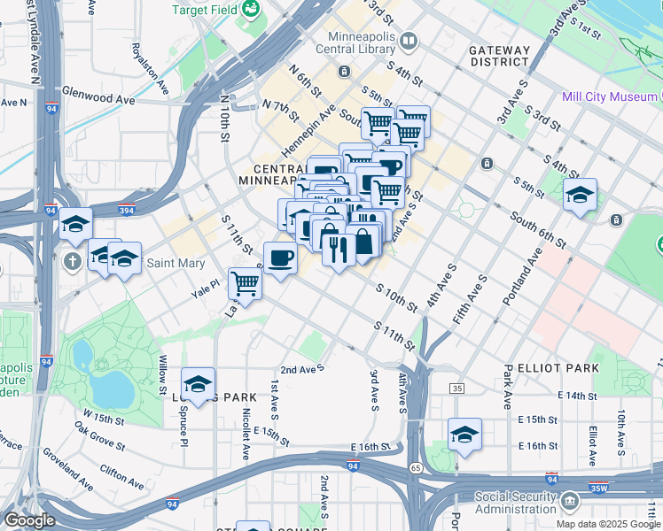 map of restaurants, bars, coffee shops, grocery stores, and more near 95 South 10th Street in Minneapolis
