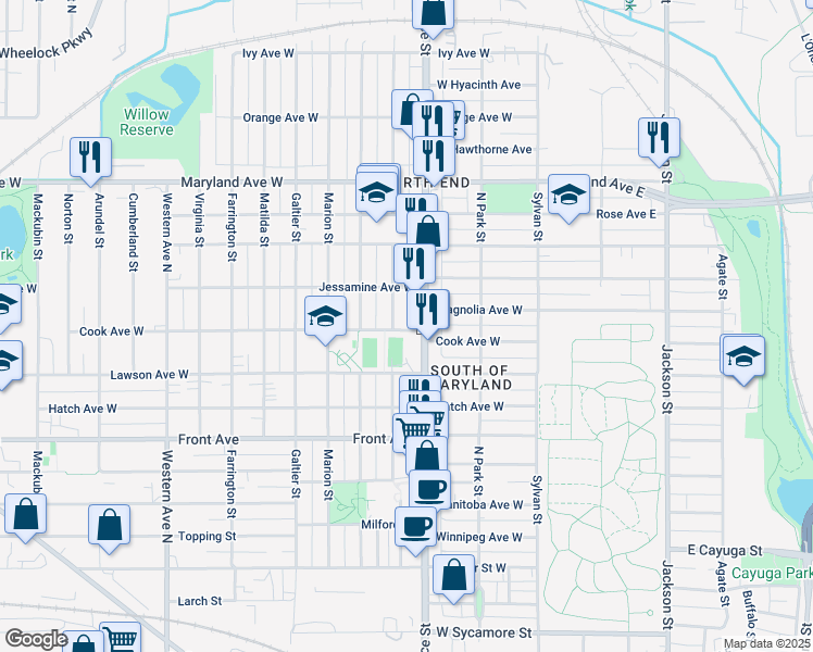 map of restaurants, bars, coffee shops, grocery stores, and more near 159W Cook Avenue West in Saint Paul