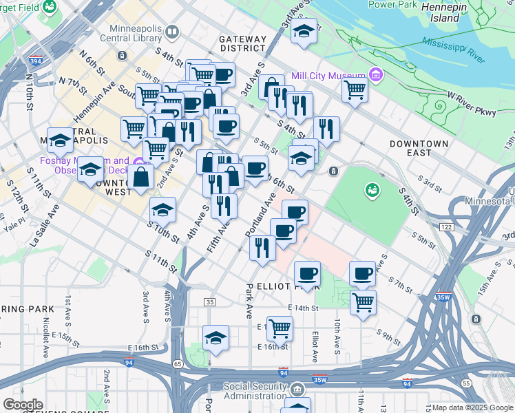 map of restaurants, bars, coffee shops, grocery stores, and more near 705 Portland Avenue in Minneapolis