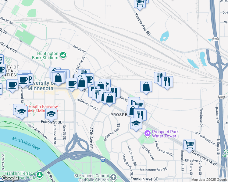 map of restaurants, bars, coffee shops, grocery stores, and more near 2701 Southeast 4th Street in Minneapolis