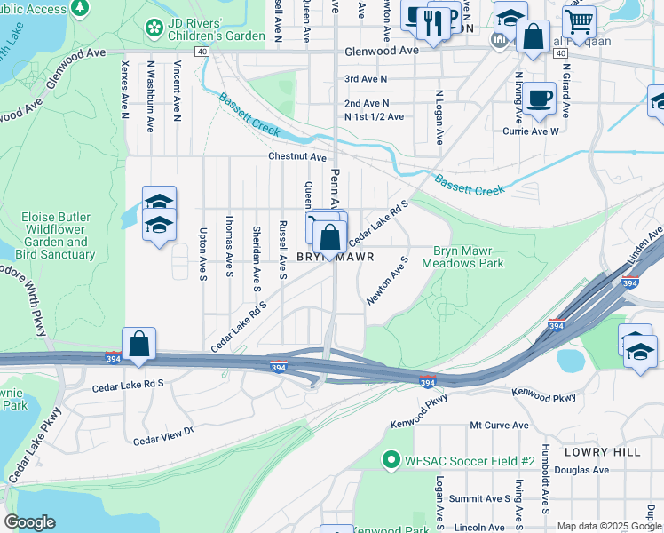 map of restaurants, bars, coffee shops, grocery stores, and more near 408 Penn Avenue South in Minneapolis