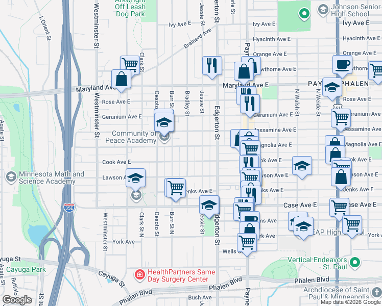 map of restaurants, bars, coffee shops, grocery stores, and more near 1054 Bradley Street in Saint Paul