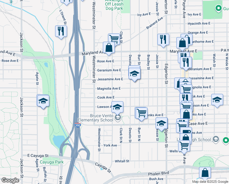 map of restaurants, bars, coffee shops, grocery stores, and more near 395 Cook Avenue in Saint Paul