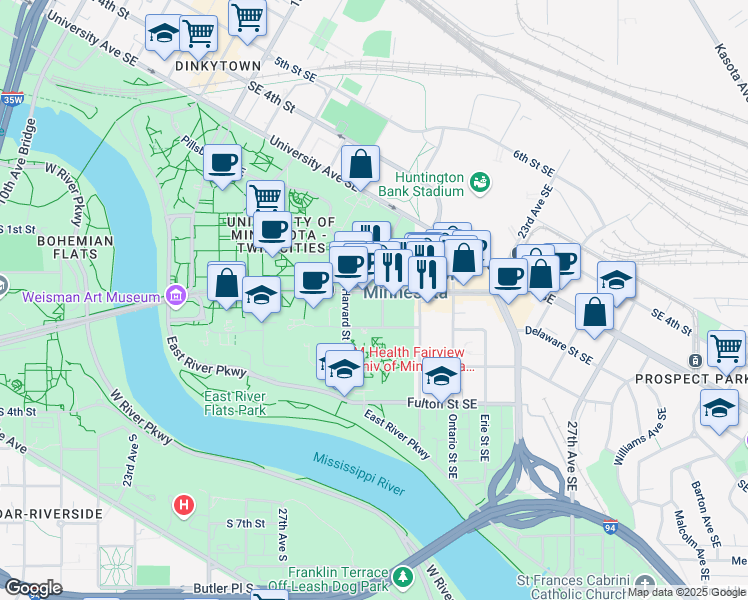 map of restaurants, bars, coffee shops, grocery stores, and more near 659 Delaware Street Southeast in Minneapolis