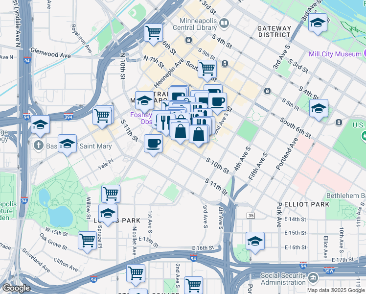 map of restaurants, bars, coffee shops, grocery stores, and more near 125 South 10th Street in Minneapolis