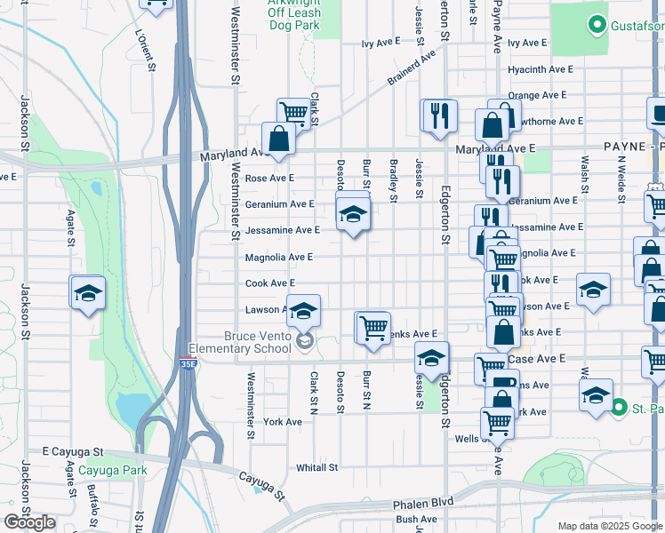 map of restaurants, bars, coffee shops, grocery stores, and more near in Saint Paul