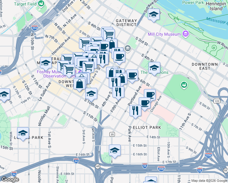 map of restaurants, bars, coffee shops, grocery stores, and more near 405 8th St S in Minneapolis