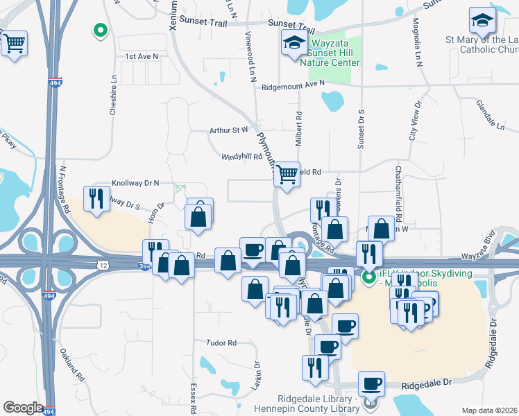 map of restaurants, bars, coffee shops, grocery stores, and more near 1010 Plymouth Road in Minnetonka