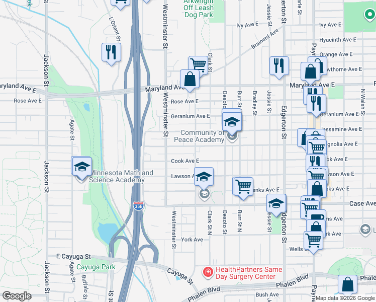 map of restaurants, bars, coffee shops, grocery stores, and more near 395 Cook Avenue in Saint Paul