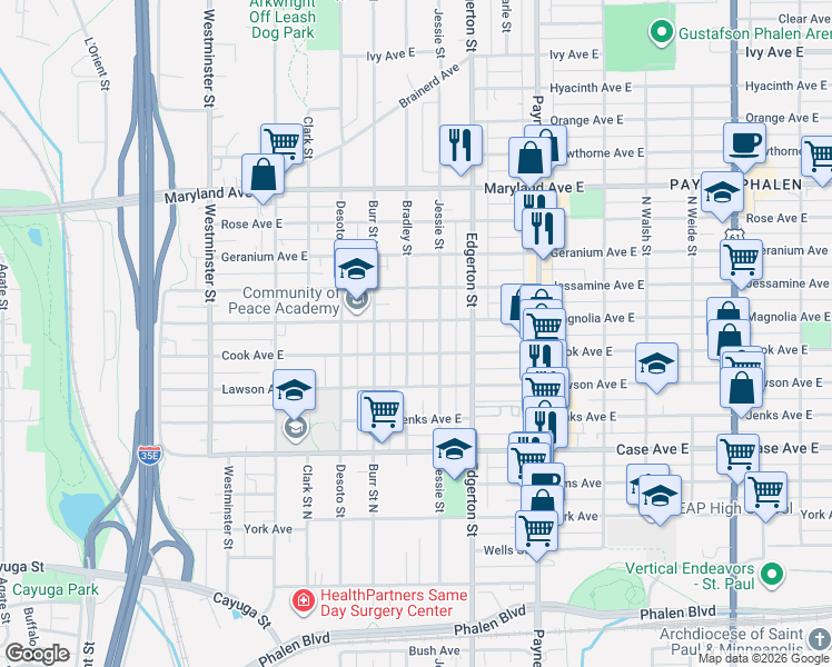 map of restaurants, bars, coffee shops, grocery stores, and more near 1054 Bradley Street in Saint Paul