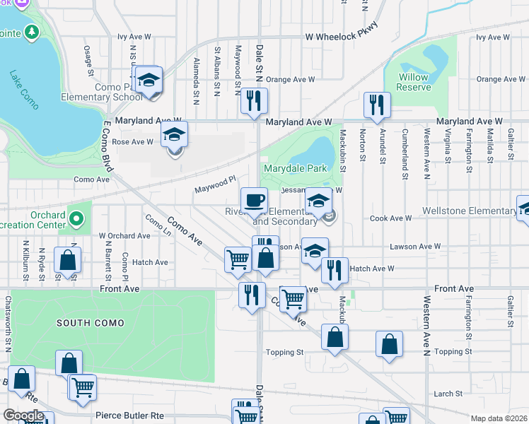 map of restaurants, bars, coffee shops, grocery stores, and more near 1052 Dale Street North in Saint Paul