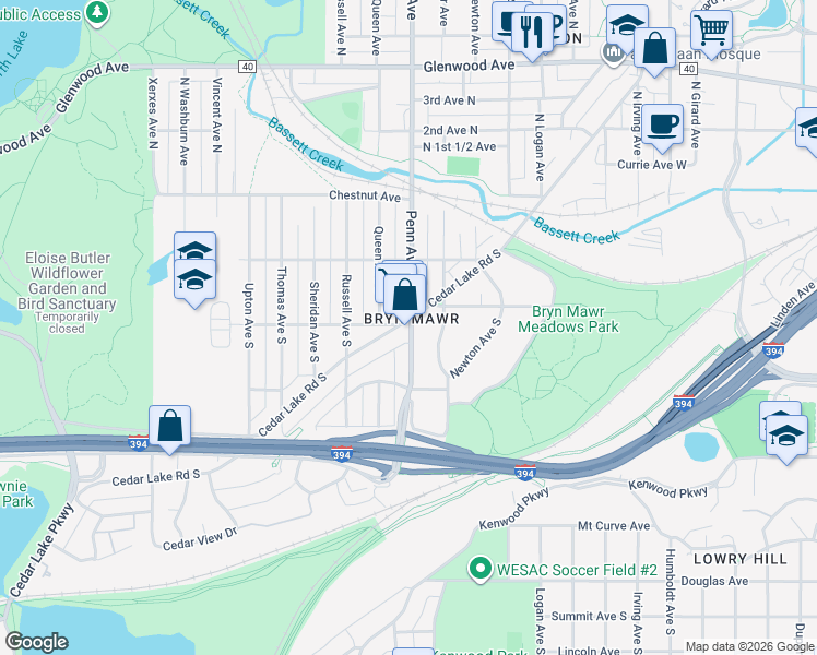 map of restaurants, bars, coffee shops, grocery stores, and more near 400 Penn Avenue South in Minneapolis