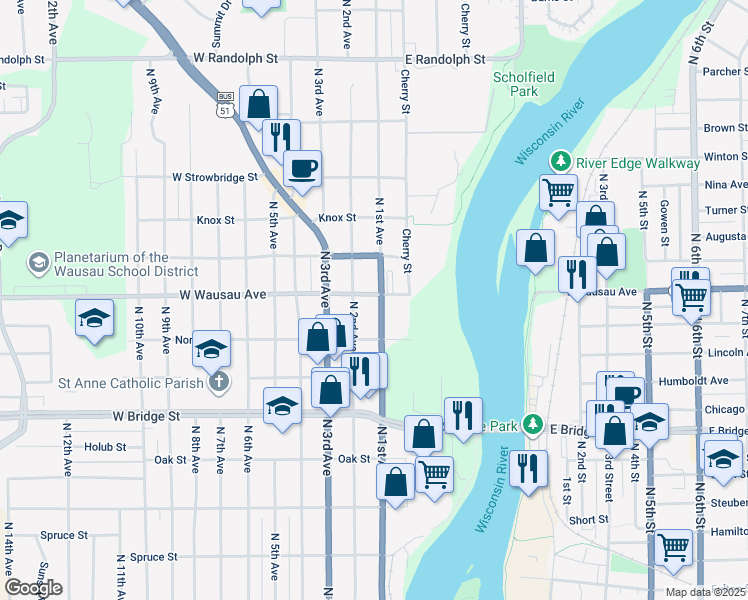 map of restaurants, bars, coffee shops, grocery stores, and more near 816 North 1st Avenue in Wausau