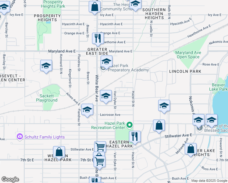 map of restaurants, bars, coffee shops, grocery stores, and more near 1840 East Mechanic Avenue in Saint Paul