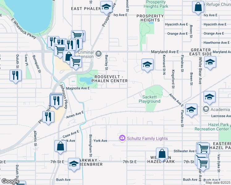 map of restaurants, bars, coffee shops, grocery stores, and more near 1495 Ames Avenue East in Saint Paul