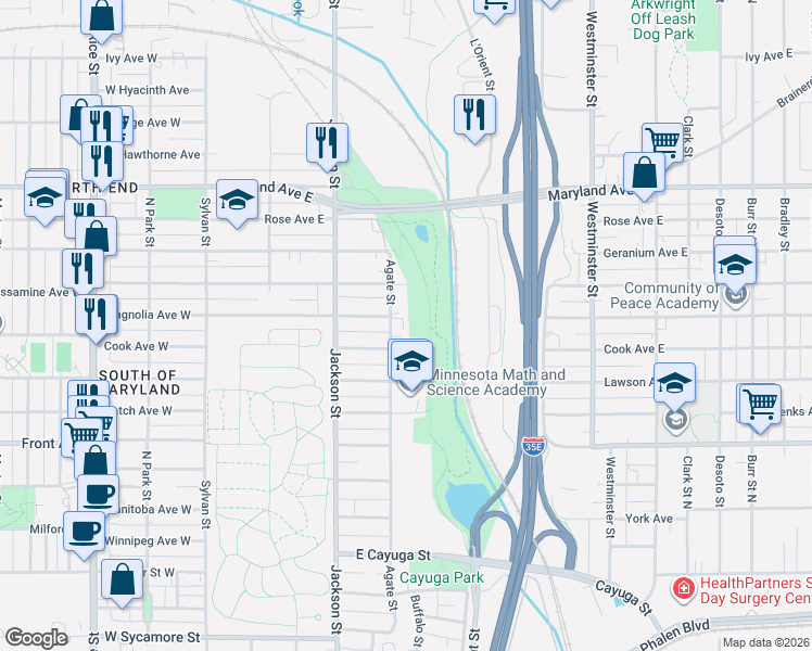 map of restaurants, bars, coffee shops, grocery stores, and more near 173 Cook Avenue East in Saint Paul