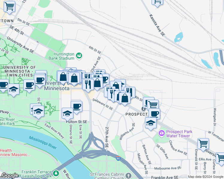 map of restaurants, bars, coffee shops, grocery stores, and more near 2550 University Avenue Southeast in Saint Paul