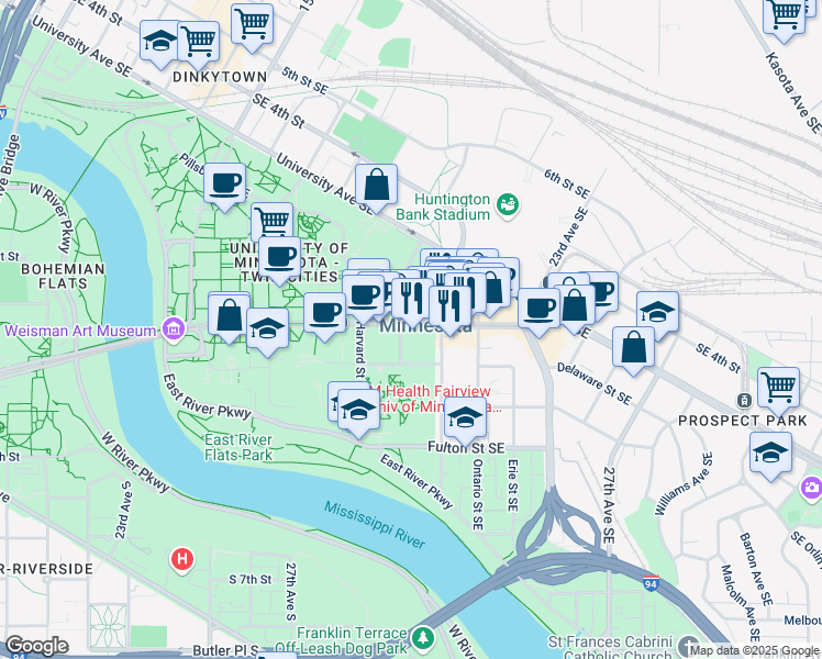 map of restaurants, bars, coffee shops, grocery stores, and more near 315 Walnut Street Southeast in Minneapolis