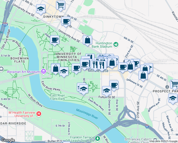 map of restaurants, bars, coffee shops, grocery stores, and more near 659 Delaware Street Southeast in Minneapolis