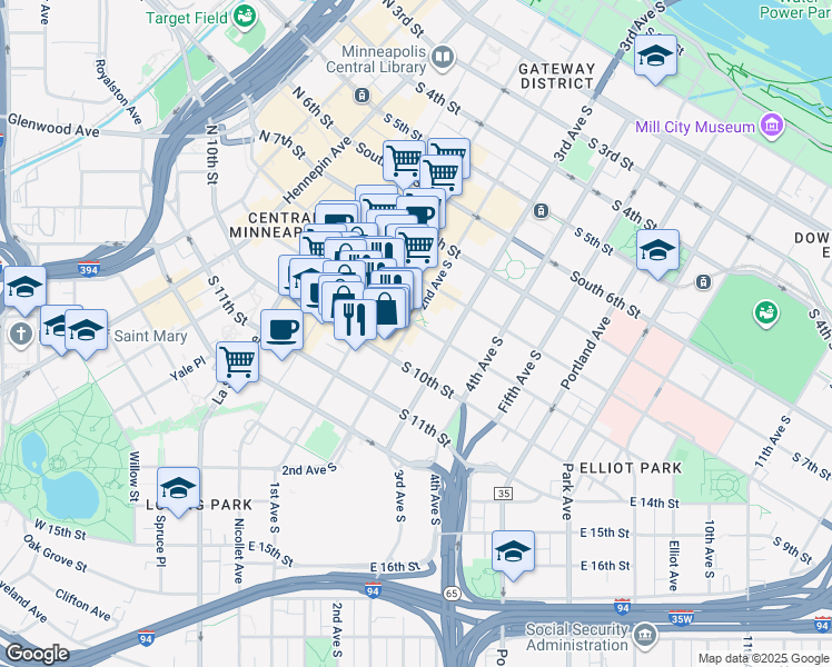 map of restaurants, bars, coffee shops, grocery stores, and more near 200 South 10th Street in Minneapolis