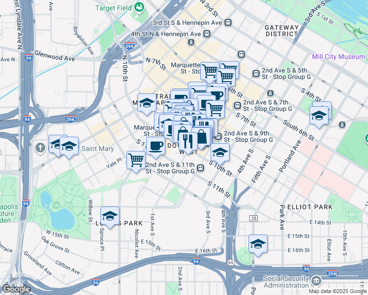 map of restaurants, bars, coffee shops, grocery stores, and more near 125 South 10th Street in Minneapolis