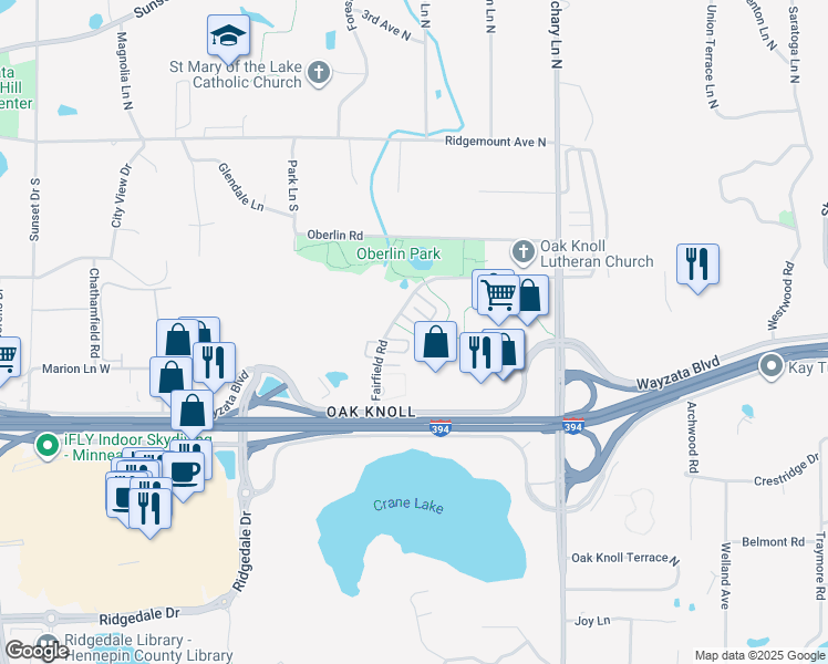 map of restaurants, bars, coffee shops, grocery stores, and more near 787 Fairfield Circle in Hopkins