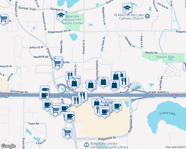 map of restaurants, bars, coffee shops, grocery stores, and more near 12569 Wayzata Boulevard in Minnetonka