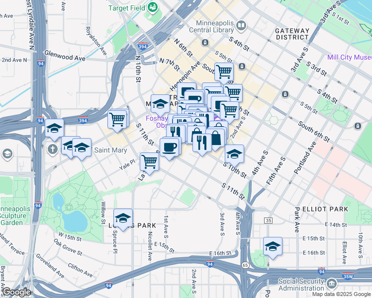 map of restaurants, bars, coffee shops, grocery stores, and more near 1011 Nicollet Mall in Minneapolis