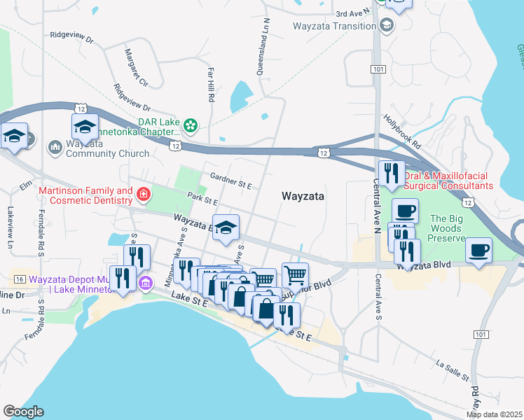 map of restaurants, bars, coffee shops, grocery stores, and more near 740 Park Street East in Wayzata