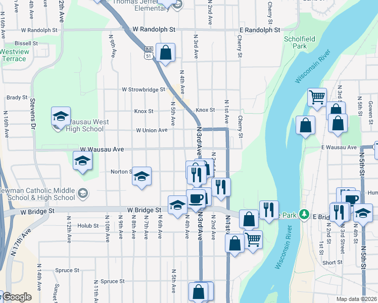 map of restaurants, bars, coffee shops, grocery stores, and more near 811 North 4th Avenue in Wausau