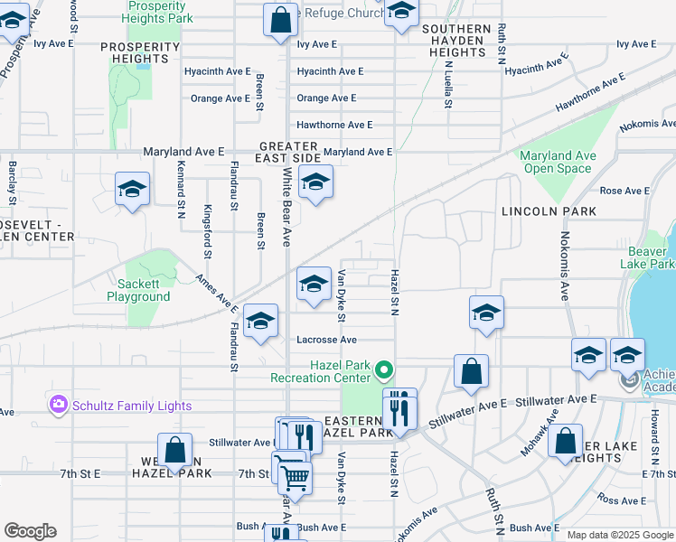map of restaurants, bars, coffee shops, grocery stores, and more near 1840 East Mechanic Avenue in Saint Paul