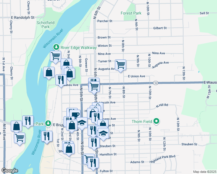 map of restaurants, bars, coffee shops, grocery stores, and more near 2104 North 7th Street in Wausau