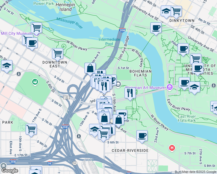 map of restaurants, bars, coffee shops, grocery stores, and more near 1800 Washington Avenue South in Minneapolis