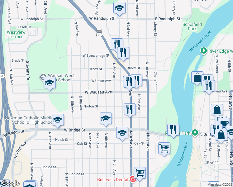 map of restaurants, bars, coffee shops, grocery stores, and more near 815 North 5th Avenue in Wausau