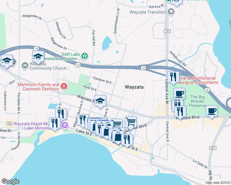 map of restaurants, bars, coffee shops, grocery stores, and more near 214 Broadway Avenue North in Wayzata